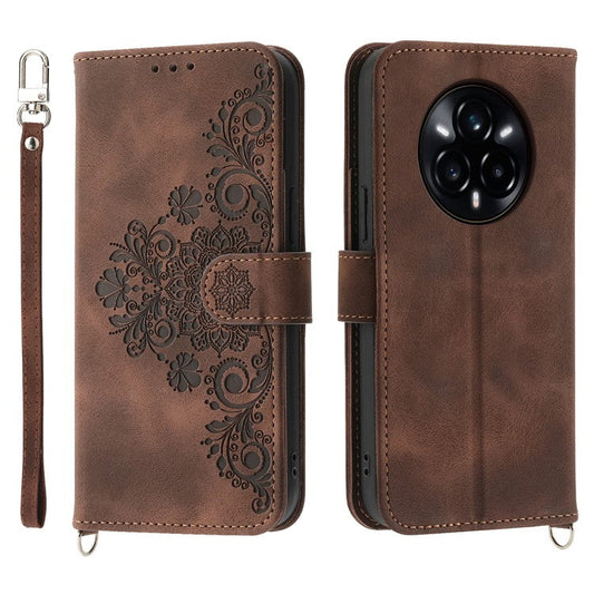 For Realme 14 Pro+ 5G Case Flower Pattern PU Leather Wallet Phone Cover with Strap - Brown