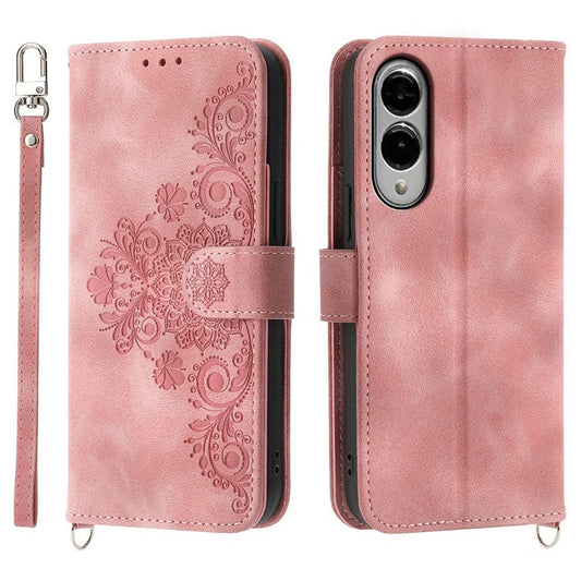 For Samsung Galaxy S25 Edge Case Flower Pattern PU Leather Wallet Phone Cover with Strap - Pink