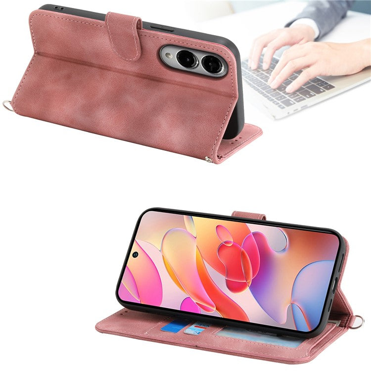 For Samsung Galaxy S25 Edge Case Flower Pattern PU Leather Wallet Phone Cover with Strap - Pink