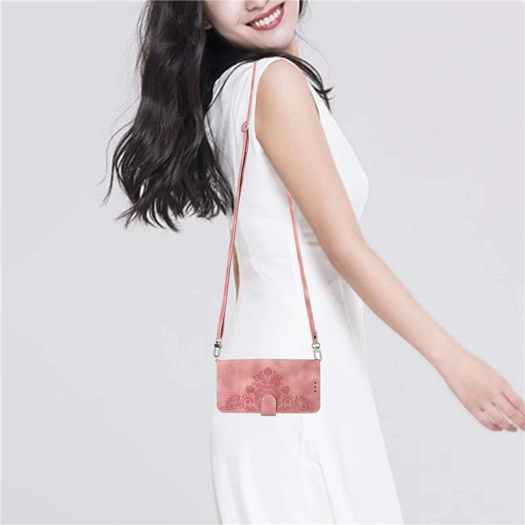For Samsung Galaxy S25 Edge Case Flower Pattern PU Leather Wallet Phone Cover with Strap - Pink