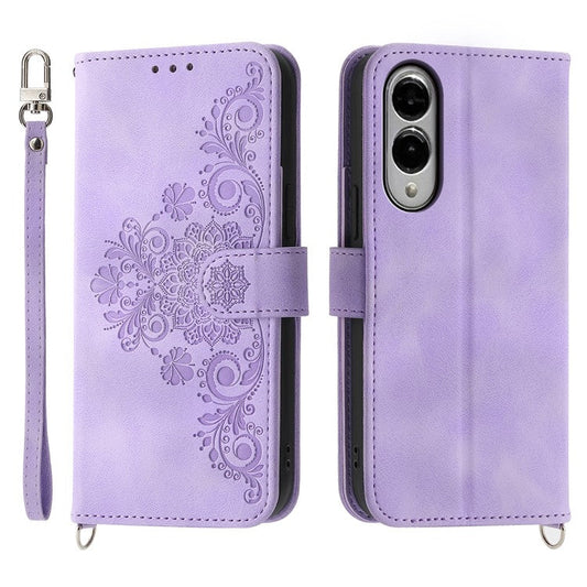 For Samsung Galaxy S25 Edge Case Flower Pattern PU Leather Wallet Phone Cover with Strap - Light Purple