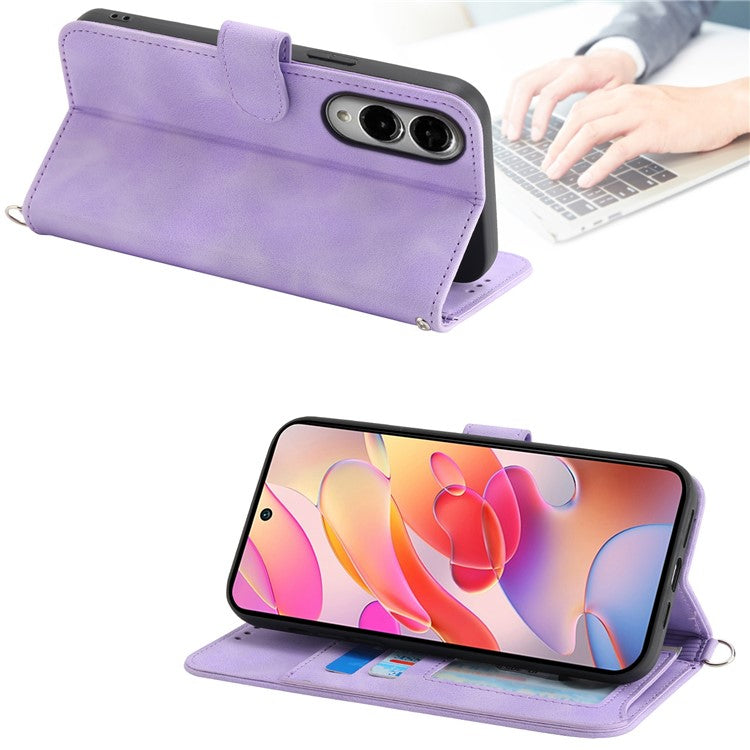 For Samsung Galaxy S25 Edge Case Flower Pattern PU Leather Wallet Phone Cover with Strap - Light Purple