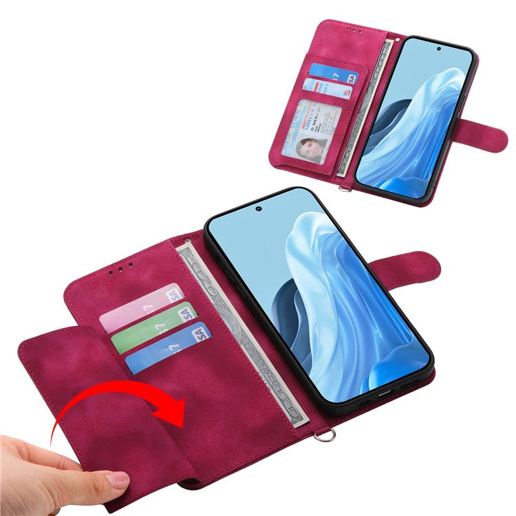 For vivo V50 5G Case Flower Pattern PU Leather Wallet Phone Cover with Strap - Wine Red