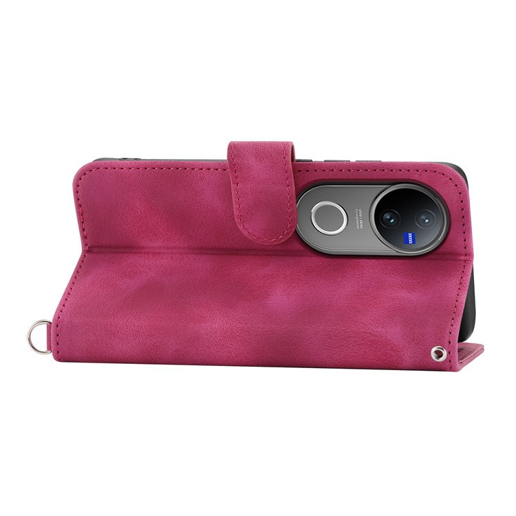 For vivo V50 5G Case Flower Pattern PU Leather Wallet Phone Cover with Strap - Wine Red