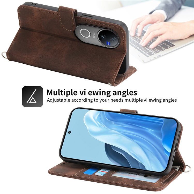 For vivo V50 5G Case Flower Pattern PU Leather Wallet Phone Cover with Strap - Brown