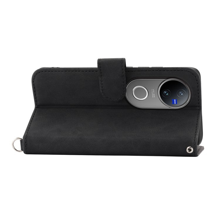 For vivo V50 5G Case Flower Pattern PU Leather Wallet Phone Cover with Strap - Black