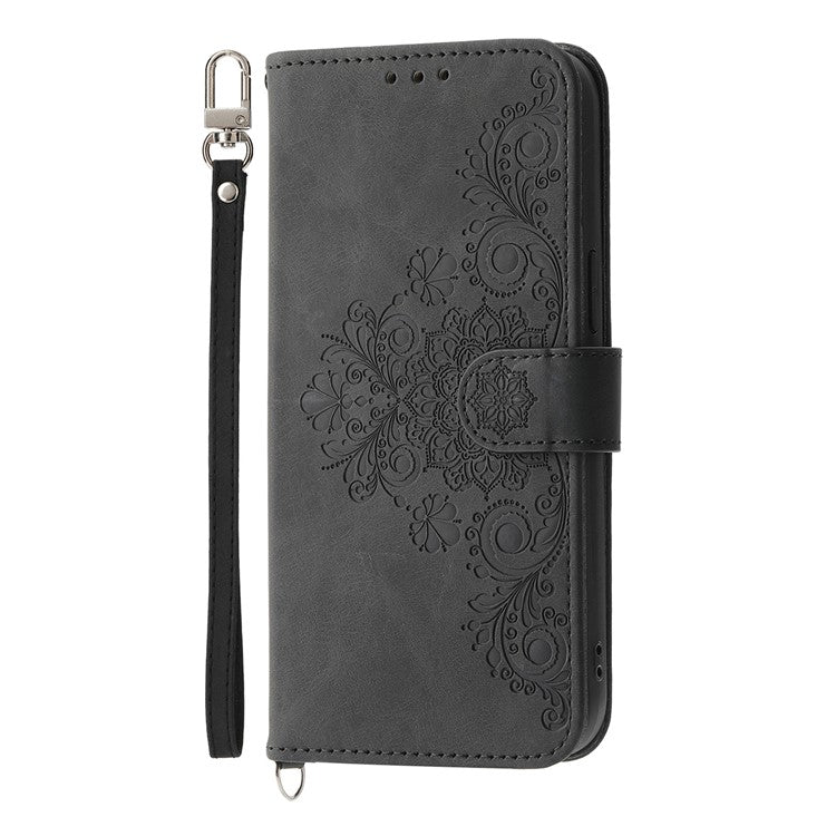 For vivo V50 5G Case Flower Pattern PU Leather Wallet Phone Cover with Strap - Black