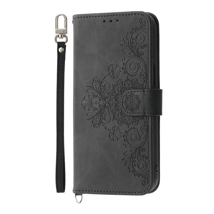 For vivo Y04 4G  /  Y29s 5G Case Flower Pattern PU Leather Wallet Phone Cover with Strap - Black