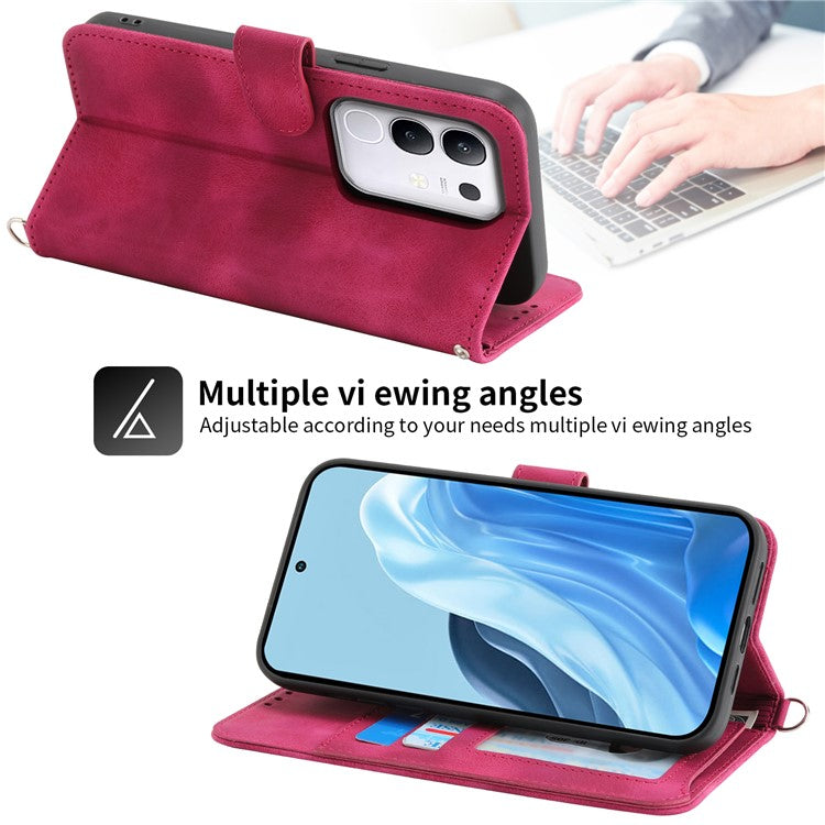 For vivo Y29 4G Case Flower Pattern PU Leather Wallet Phone Cover with Strap - Wine Red