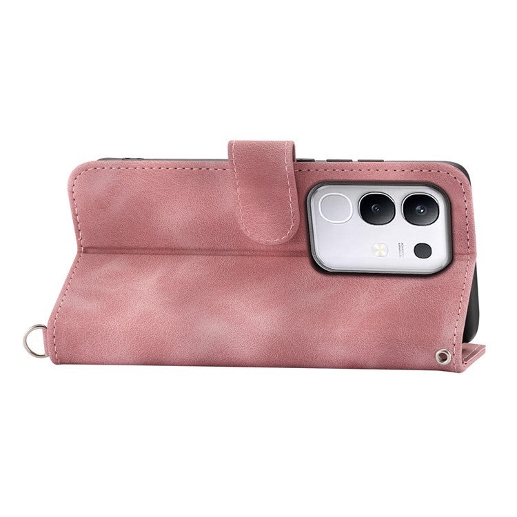 For vivo Y29 4G Case Flower Pattern PU Leather Wallet Phone Cover with Strap - Pink