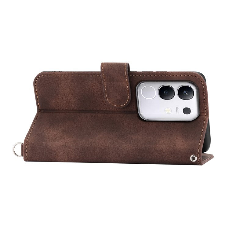 For vivo Y29 4G Case Flower Pattern PU Leather Wallet Phone Cover with Strap - Brown