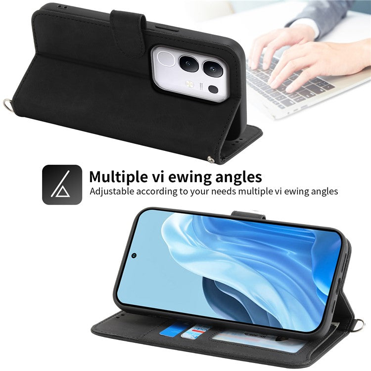 For vivo Y29 4G Case Flower Pattern PU Leather Wallet Phone Cover with Strap - Black