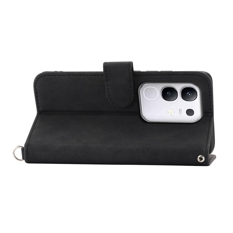 For vivo Y29 4G Case Flower Pattern PU Leather Wallet Phone Cover with Strap - Black