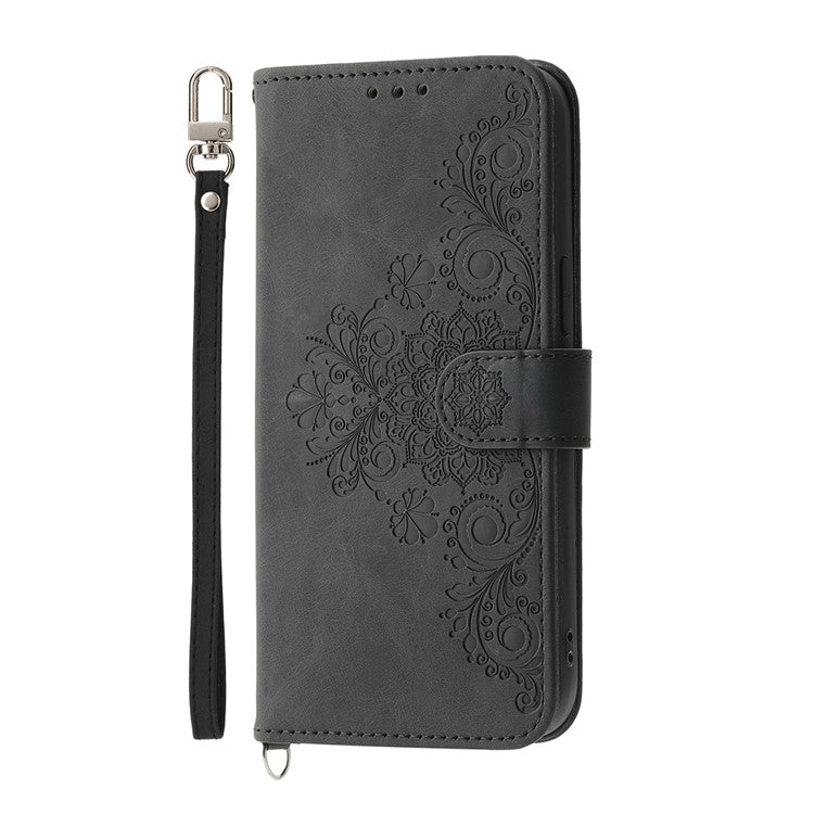 For vivo Y29 4G Case Flower Pattern PU Leather Wallet Phone Cover with Strap - Black