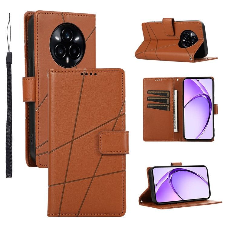 DF-06 For Realme 14 Pro 5G Phone Case Line Imprint Leather Wallet Cover - Brown