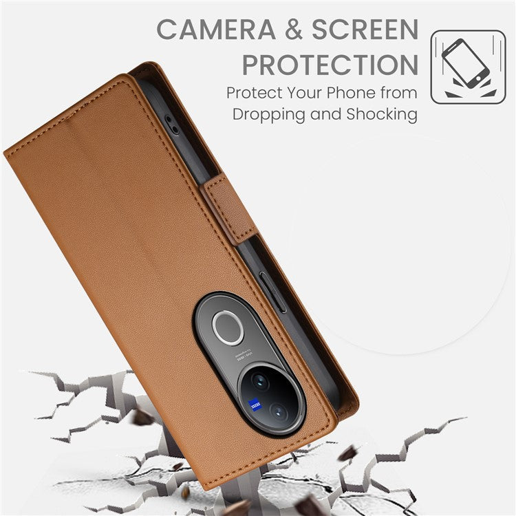 For vivo V50 5G Stand Case PU Leather Wallet Phone Cover - Brown
