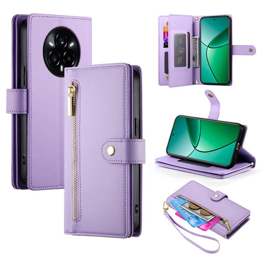 DF-011 For Realme 14 Pro 5G Case Zipper Pocket Wallet Leather Phone Cover with Straps - Purple