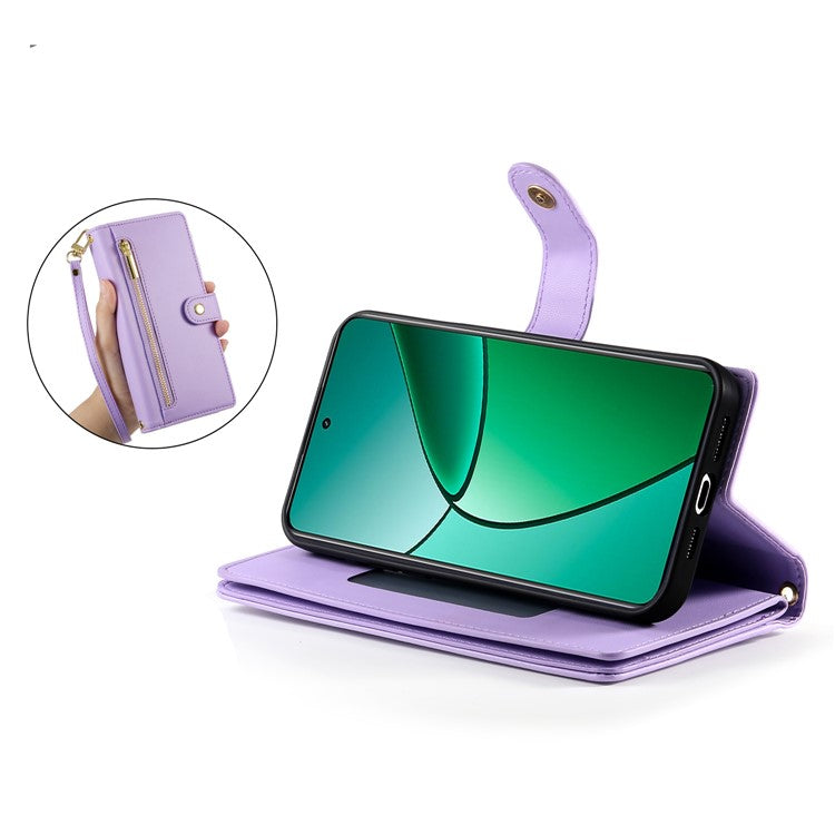DF-011 For Realme 14 Pro 5G Case Zipper Pocket Wallet Leather Phone Cover with Straps - Purple