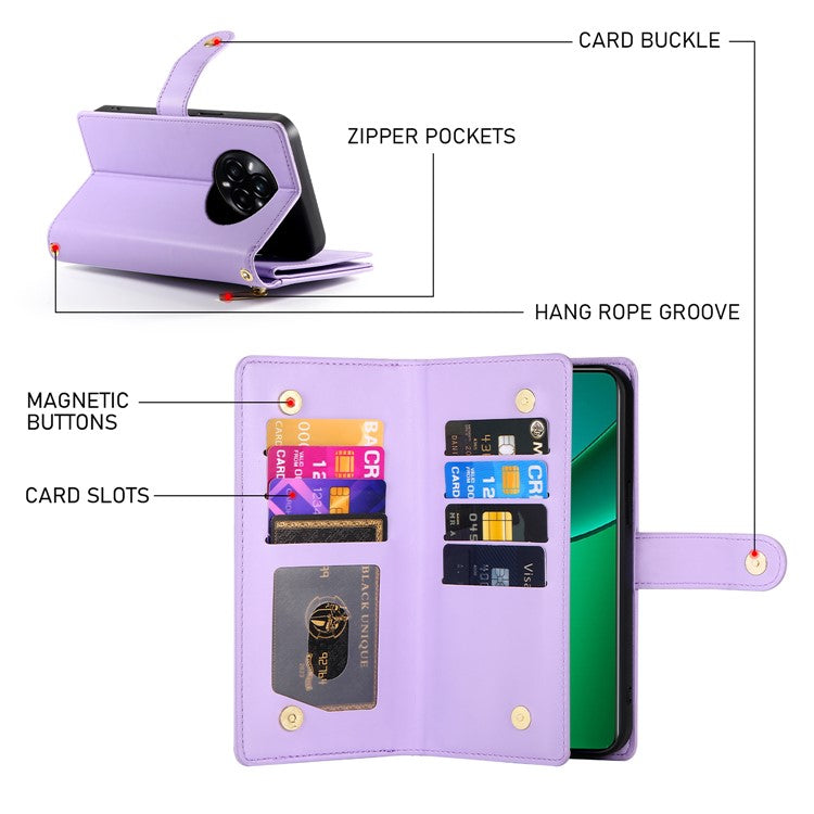 DF-011 For Realme 14 Pro 5G Case Zipper Pocket Wallet Leather Phone Cover with Straps - Purple