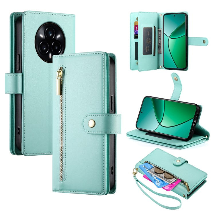 DF-011 For Realme 14 Pro 5G Case Zipper Pocket Wallet Leather Phone Cover with Straps - Mint Green