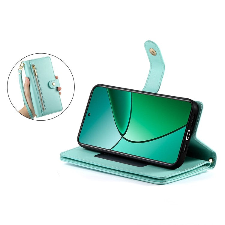 DF-011 For Realme 14 Pro 5G Case Zipper Pocket Wallet Leather Phone Cover with Straps - Mint Green