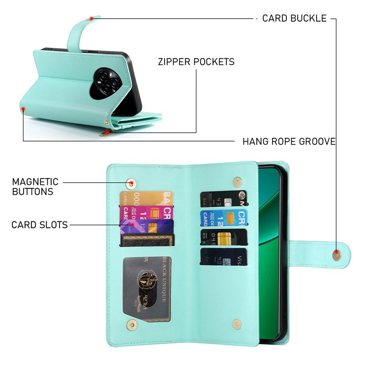 DF-011 For Realme 14 Pro 5G Case Zipper Pocket Wallet Leather Phone Cover with Straps - Mint Green