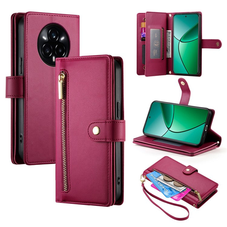 DF-011 For Realme 14 Pro 5G Case Zipper Pocket Wallet Leather Phone Cover with Straps - Red