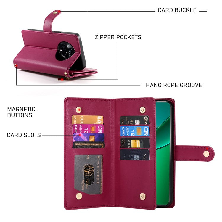 DF-011 For Realme 14 Pro 5G Case Zipper Pocket Wallet Leather Phone Cover with Straps - Red