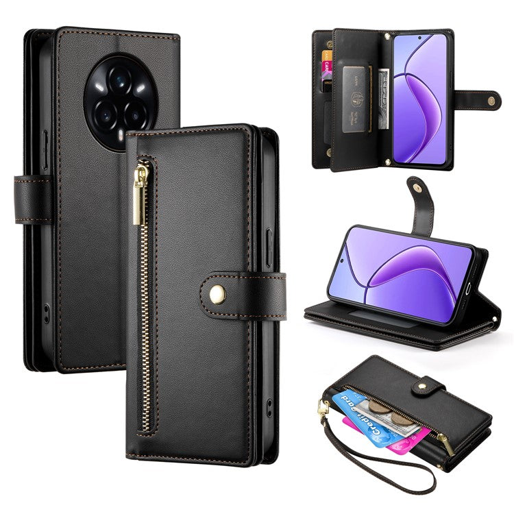 DF-011 For Realme 14 Pro+ 5G Case Zipper Pocket Wallet Leather Phone Cover with Straps - Black