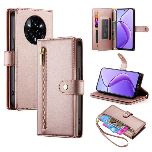 DF-011 For Realme 14 Pro+ 5G Case Zipper Pocket Wallet Leather Phone Cover with Straps - Pink