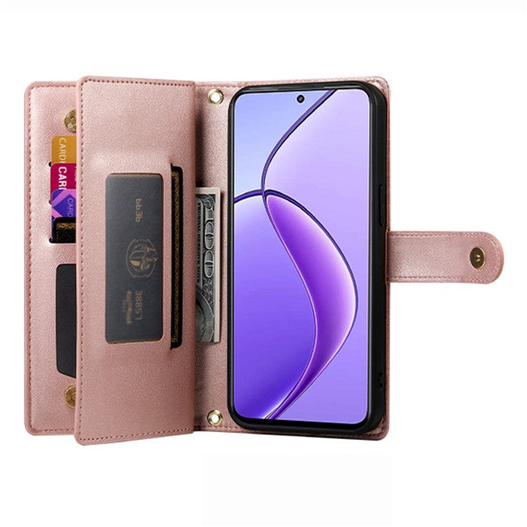 DF-011 For Realme 14 Pro+ 5G Case Zipper Pocket Wallet Leather Phone Cover with Straps - Pink