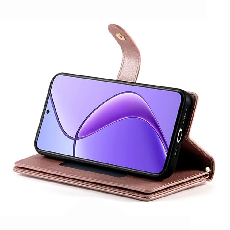DF-011 For Realme 14 Pro+ 5G Case Zipper Pocket Wallet Leather Phone Cover with Straps - Pink