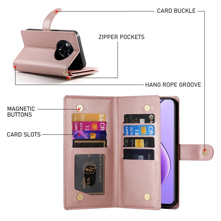 DF-011 For Realme 14 Pro+ 5G Case Zipper Pocket Wallet Leather Phone Cover with Straps - Pink