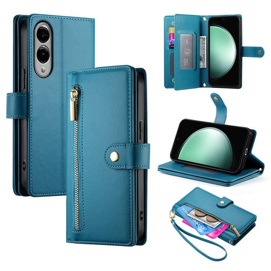 DF-011 For Samsung Galaxy S25 Edge Case Zipper Pocket Wallet Leather Phone Cover with Straps - Blue