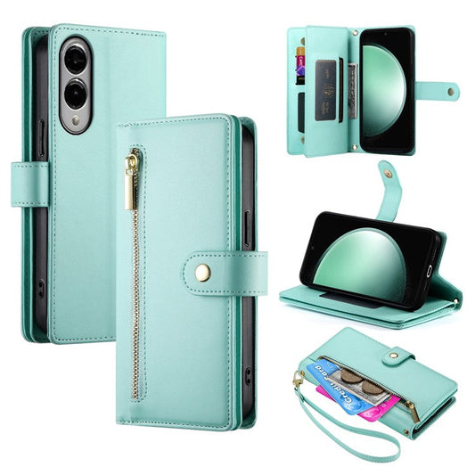 DF-011 For Samsung Galaxy S25 Edge Case Zipper Pocket Wallet Leather Phone Cover with Straps - Mint Green