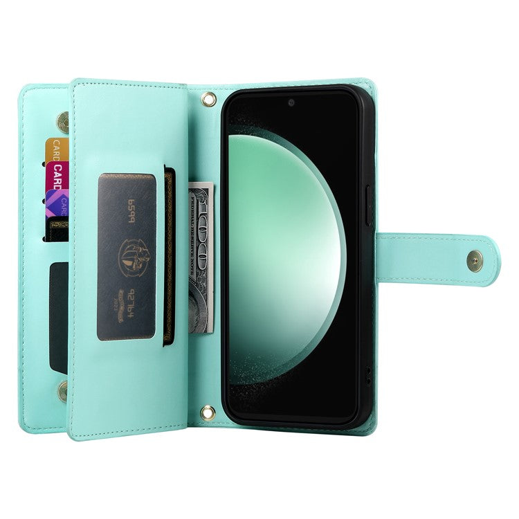 DF-011 For Samsung Galaxy S25 Edge Case Zipper Pocket Wallet Leather Phone Cover with Straps - Mint Green