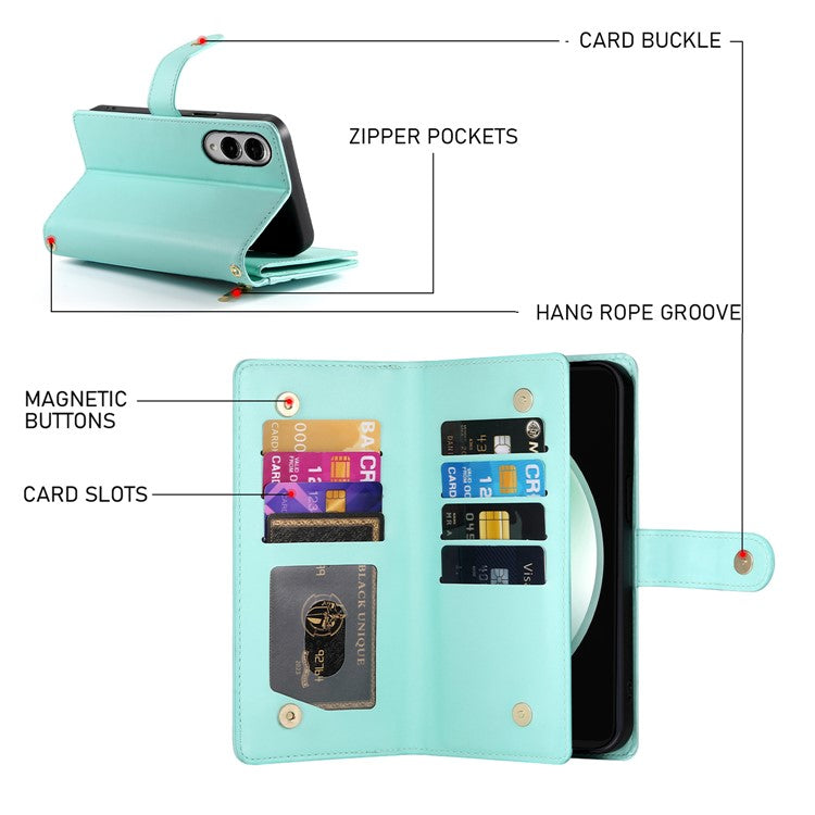 DF-011 For Samsung Galaxy S25 Edge Case Zipper Pocket Wallet Leather Phone Cover with Straps - Mint Green