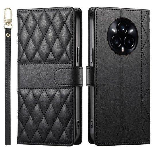 For Realme 14 Pro 5G Case Rhombus Stitching Wallet Stand Leather Phone Cover with Long  /  Short Strap - Black
