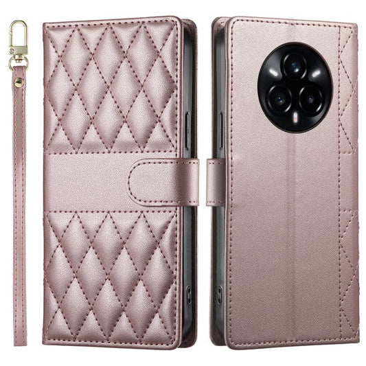 For Realme 14 Pro 5G Case Rhombus Stitching Wallet Stand Leather Phone Cover with Long  /  Short Strap - Rose Gold