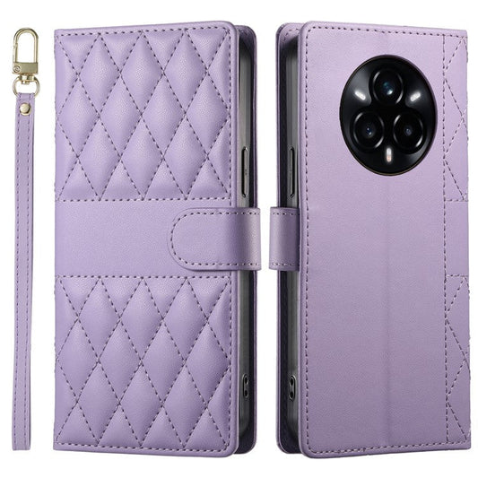 For Realme 14 Pro+ 5G Case Rhombus Stitching Wallet Stand Leather Phone Cover with Long  /  Short Strap - Purple