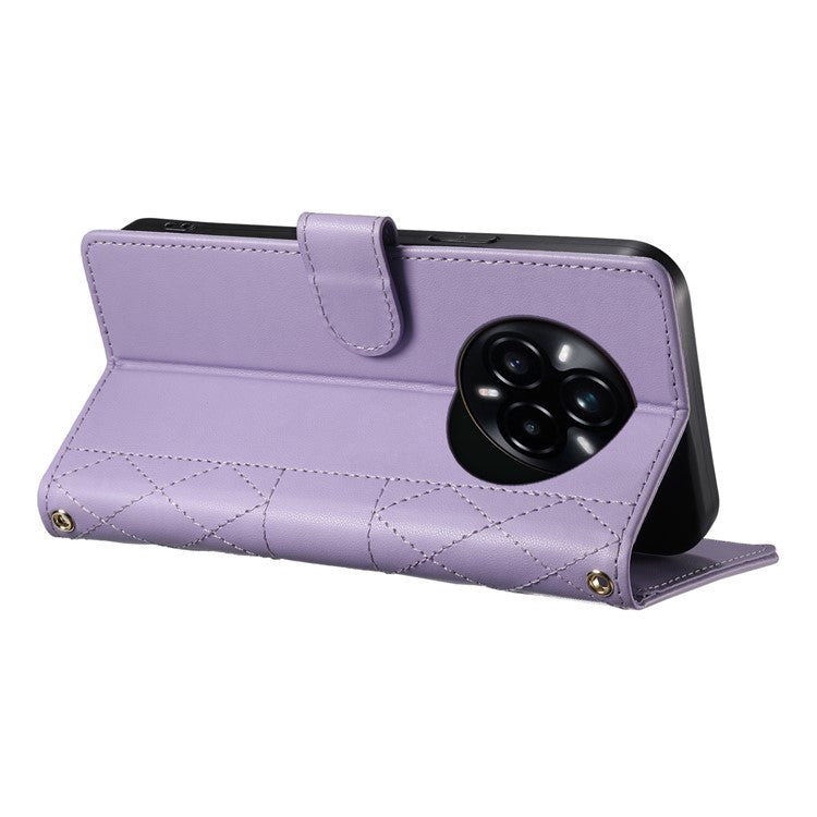 For Realme 14 Pro+ 5G Case Rhombus Stitching Wallet Stand Leather Phone Cover with Long  /  Short Strap - Purple