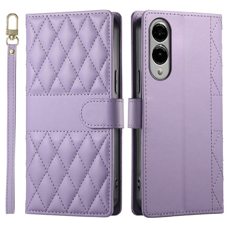 For Samsung Galaxy S25 Edge Case Rhombus Stitching Wallet Stand Leather Phone Cover with Long  /  Short Strap - Purple