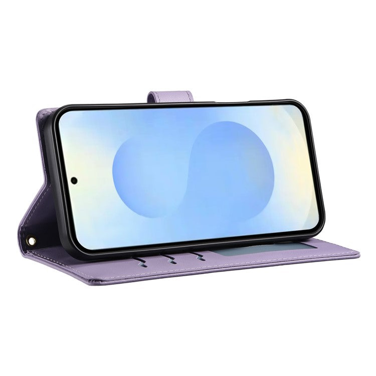 For Samsung Galaxy S25 Edge Case Rhombus Stitching Wallet Stand Leather Phone Cover with Long  /  Short Strap - Purple