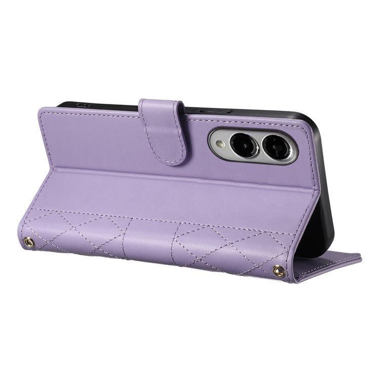 For Samsung Galaxy S25 Edge Case Rhombus Stitching Wallet Stand Leather Phone Cover with Long  /  Short Strap - Purple