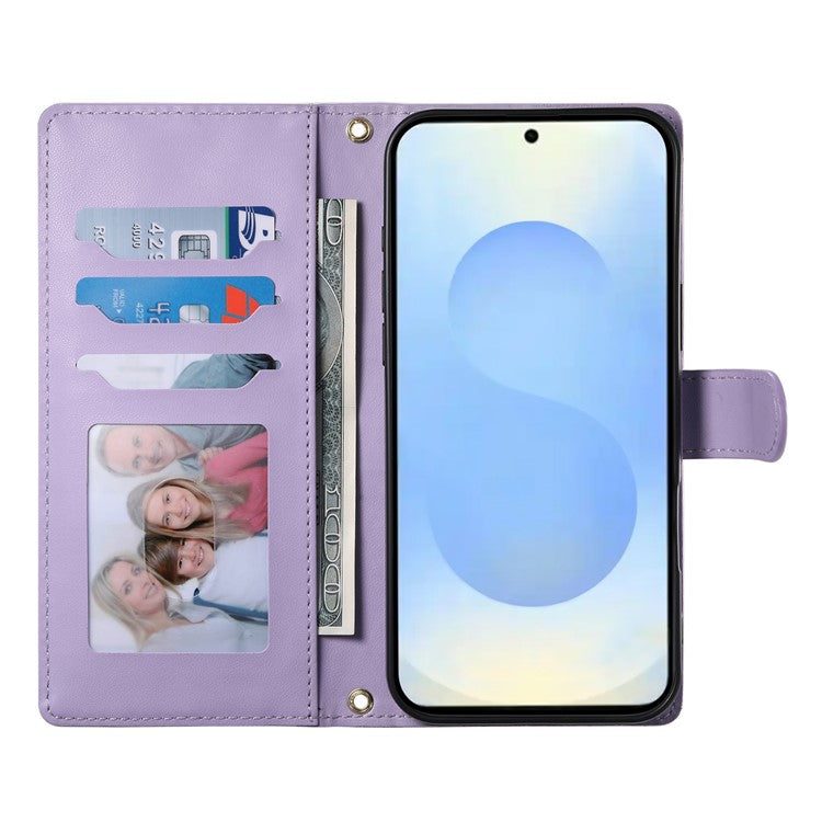 For Samsung Galaxy S25 Edge Case Rhombus Stitching Wallet Stand Leather Phone Cover with Long  /  Short Strap - Purple