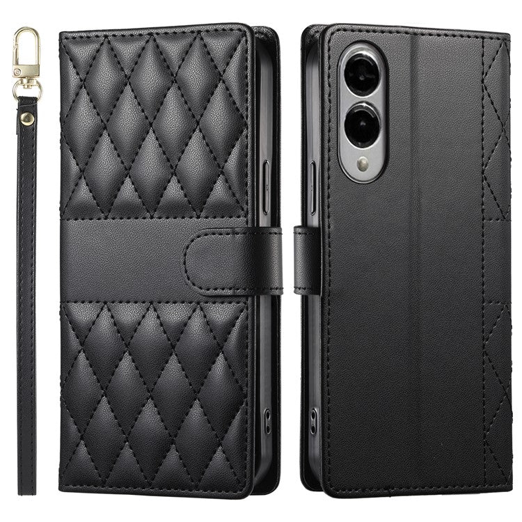 For Samsung Galaxy S25 Edge Case Rhombus Stitching Wallet Stand Leather Phone Cover with Long  /  Short Strap - Black