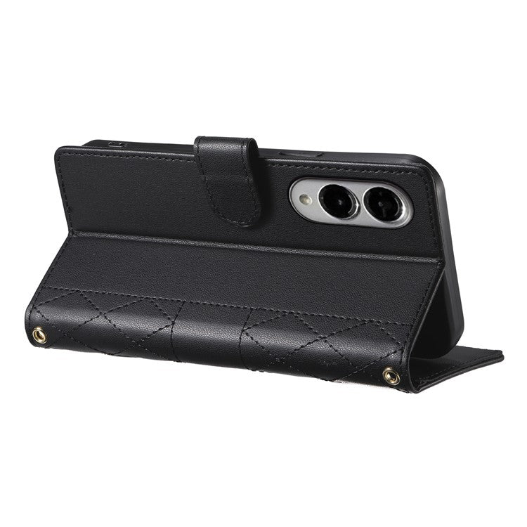 For Samsung Galaxy S25 Edge Case Rhombus Stitching Wallet Stand Leather Phone Cover with Long  /  Short Strap - Black