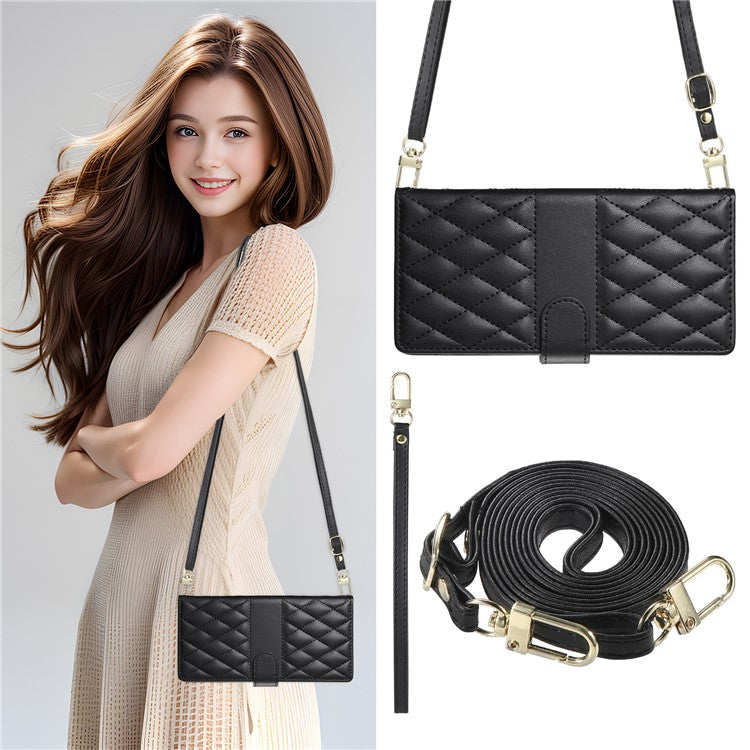 For Samsung Galaxy S25 Edge Case Rhombus Stitching Wallet Stand Leather Phone Cover with Long  /  Short Strap - Black