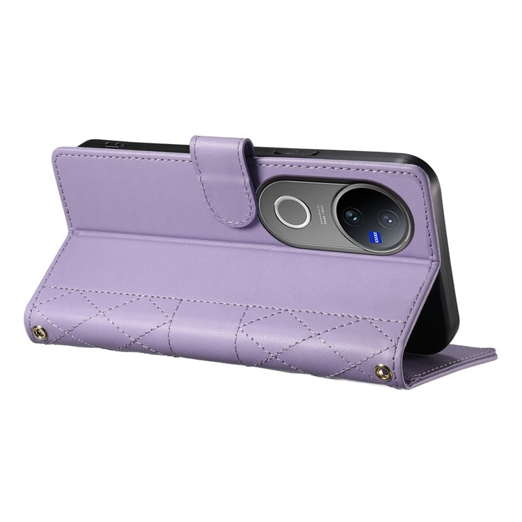 For vivo V50 5G Case Rhombus Stitching Wallet Stand Leather Phone Cover with Long  /  Short Strap - Purple