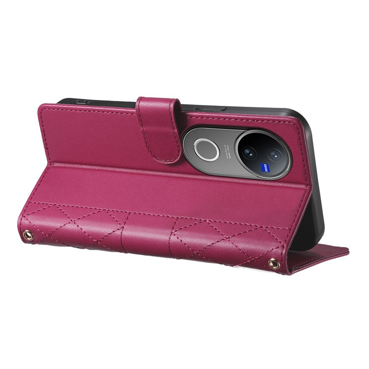 For vivo V50 5G Case Rhombus Stitching Wallet Stand Leather Phone Cover with Long  /  Short Strap - Red